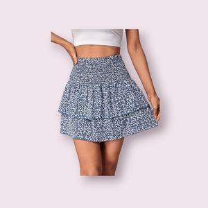 New Shirred High Waist Layered Ruffle Hem Flared Mini Skirts Fits Small